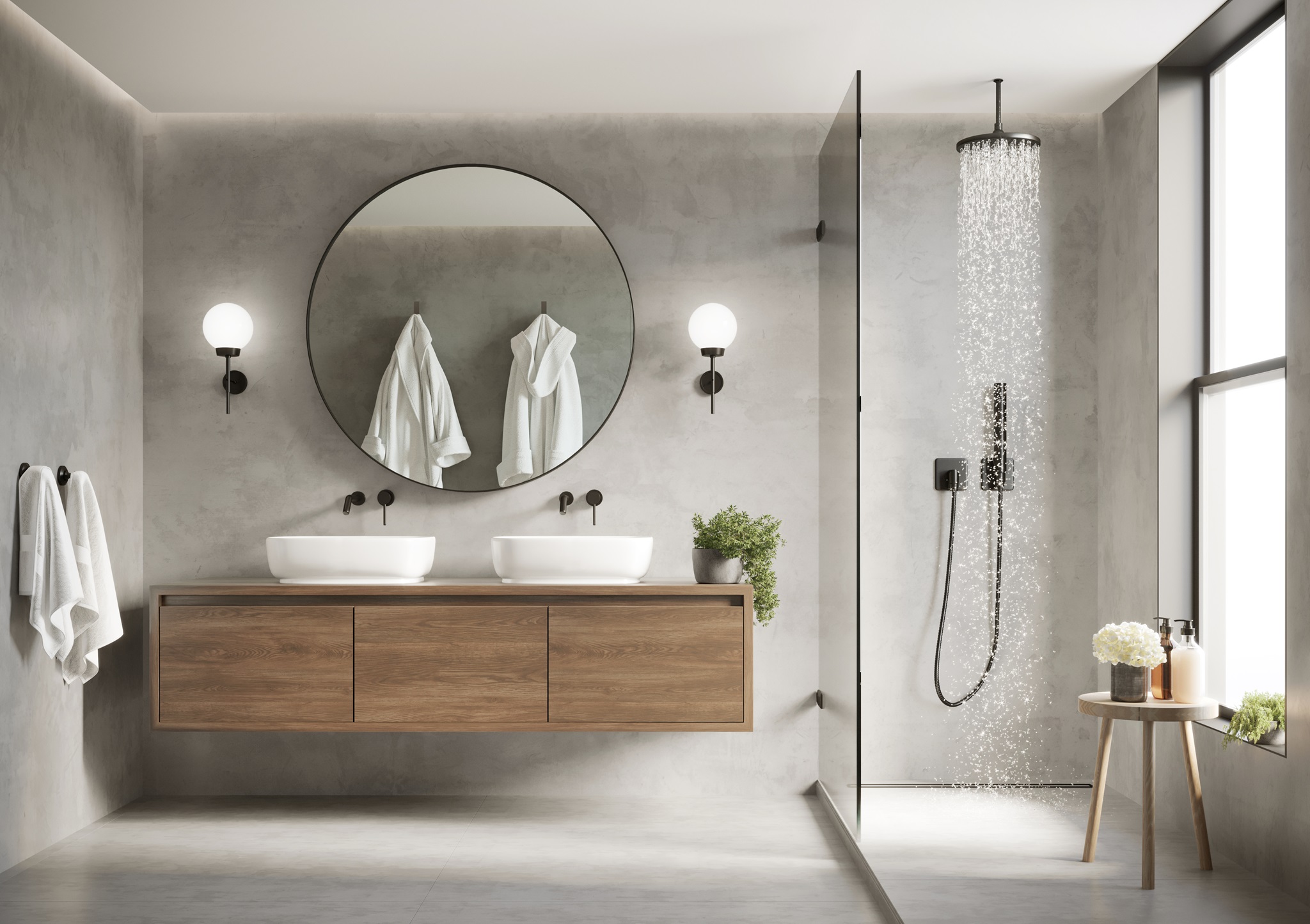 3d modern contemporary grey concrete bathroom with  round mirror