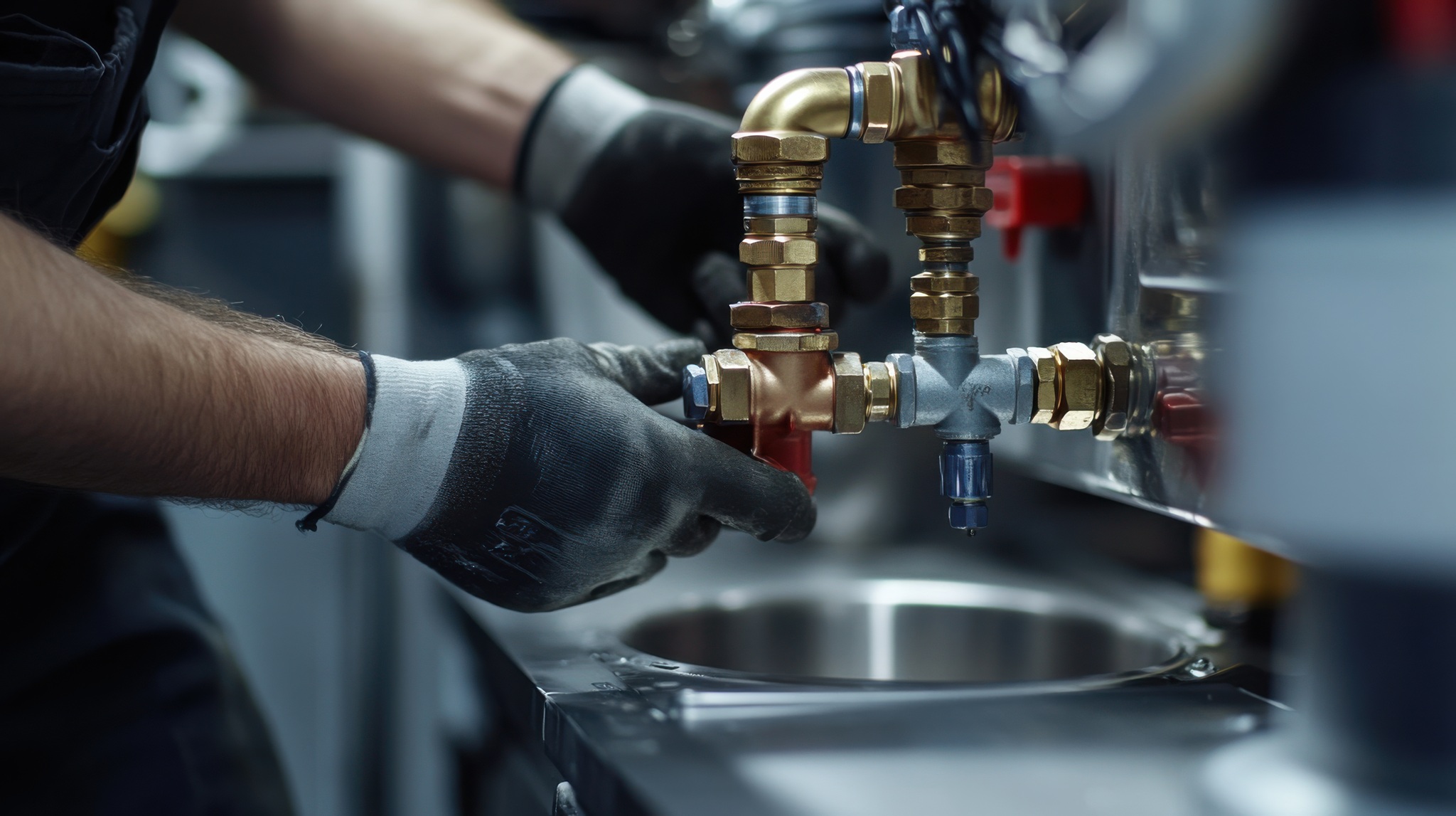Plumber fixing a gas line in a kitchen of a commercial building. Featuring plumbing repairs