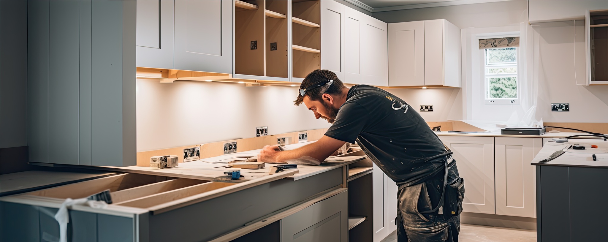 Worker or carpenter installing new modern kitchen. wide banner