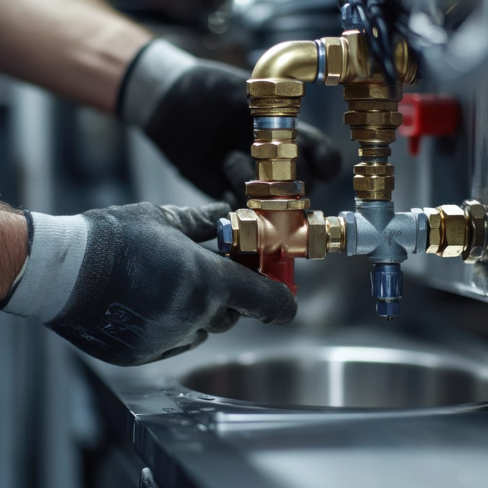 Plumber fixing a gas line in a kitchen of a commercial building. Featuring plumbing repairs