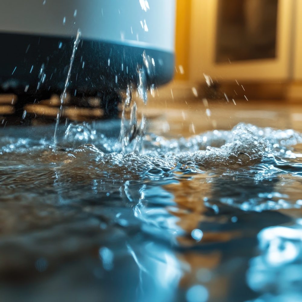 Water leaking from an old, damaged heater onto the floor, causing significant water damage and highlighting a home plumbing issue.