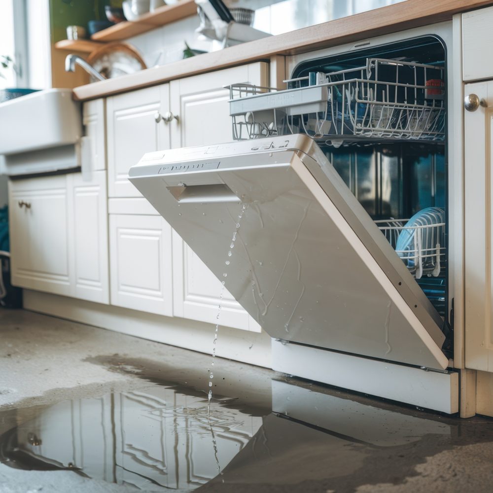 Water leaking from kitchen dishwasher onto floor creating a messy situation in the home