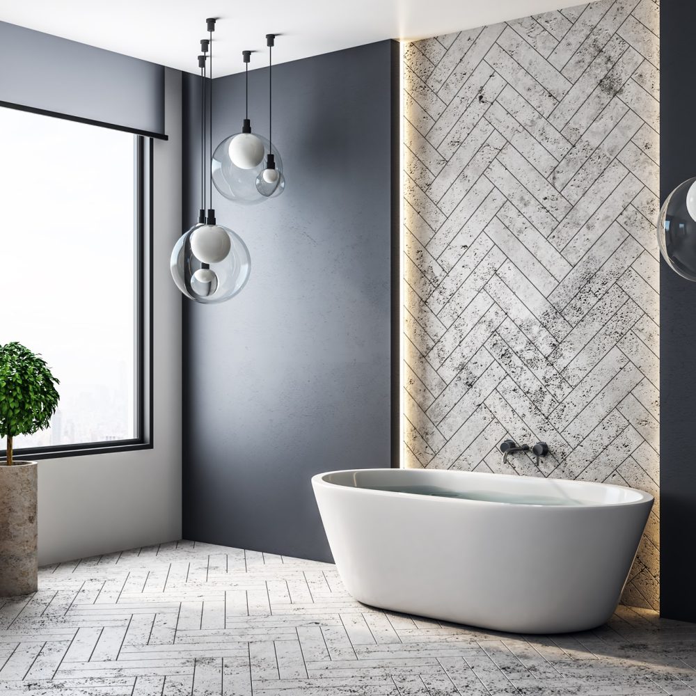 Contemporary bathroom interior with city view and copy space on wall. 3D Rendering
