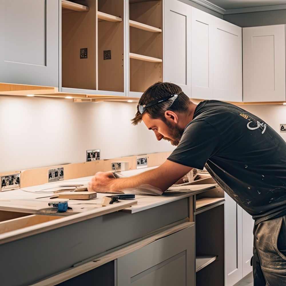 Worker or carpenter installing new modern kitchen. wide banner